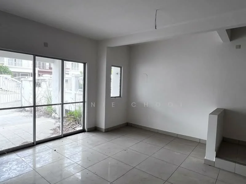 Room features: white painted walls, tile flooring, large sliding glass door, small window, ceiling with no visible fixtures, corner wall, open layout, natural light from windows; view: garden.