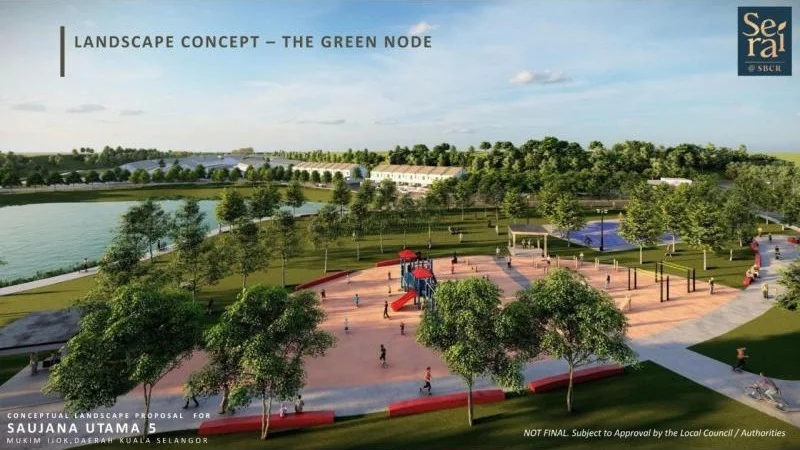 Exterior type: landscape garden; features: playground area with climbing structures, open green spaces, walking paths, water body in the background, manicured lawns, trees and shrubs, seating areas, sports court, landscape lighting, picnic spots; style: contemporary.