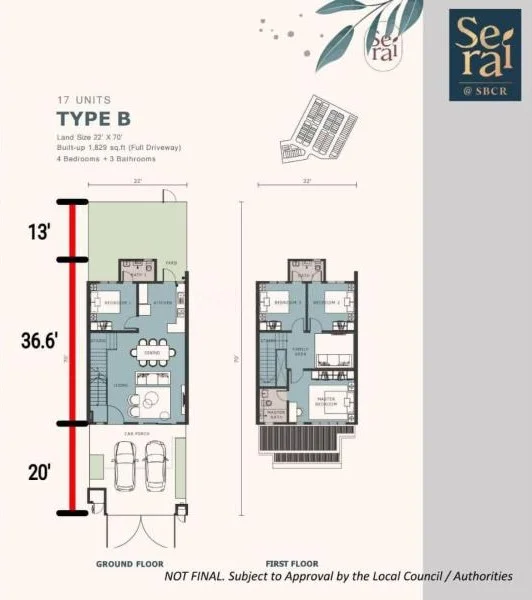 Floor plan: 4-bedroom 3-bathroom unit; features: open-plan kitchen-dining-living, master bedroom with ensuite bathroom, balcony off living room, utility room, laundry area, central foyer, 2 car porch, 1,238 sqft built-up.