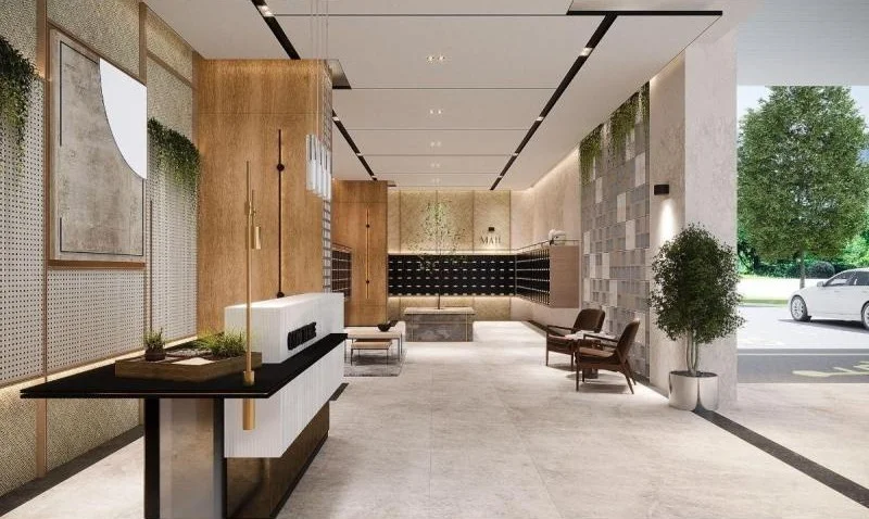 Lobby features: marble flooring, wood paneling, recessed lighting, pendant lights, modern reception desk, greenery wall decor, glass display shelves, upholstered armchair, decorative wall art, large windows, contemporary furniture, potted plants; style: modern; view: garden.