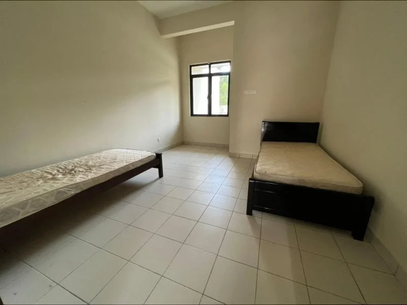 Bedroom features: two single beds, window with view to outside, light beige painted walls, white tiled flooring, no visible decor, minimal furnishings, neutral color scheme; style: minimalist.