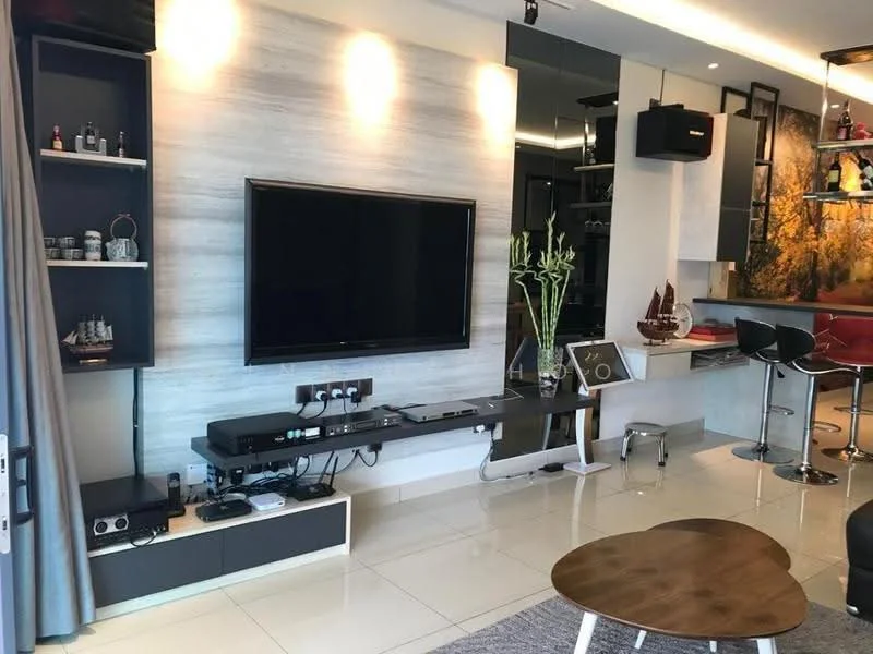 Living features: wall-mounted flat-screen TV, light wood feature wall, white cabinetry, black entertainment unit, glass coffee table, grey area rug, recessed LED downlights, bar counter with high stools, decorative plants, open shelving, chrome bar stools; style: modern.