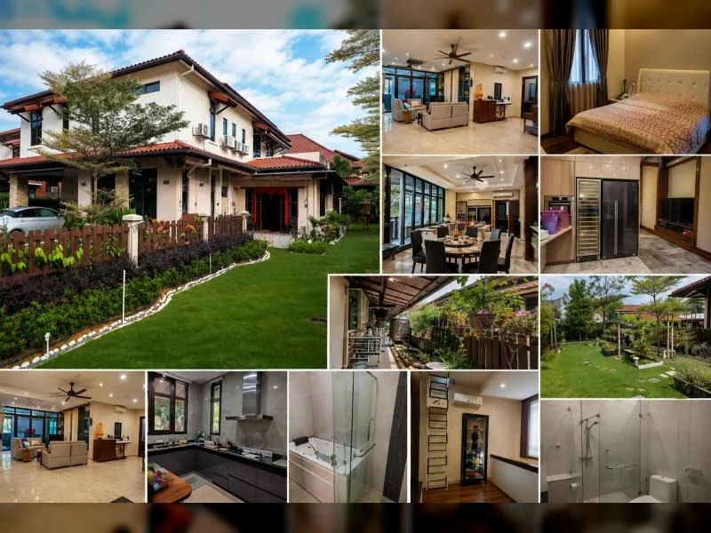 Exterior type: detached bungalow; features: double-storey, white painted facade, red tiled pitched roof, projecting roof eaves, covered front porch, large front lawn, manicured lawn, tropical landscaping, mature trees, stone-edged garden beds, fenced front garden, driveway with interlocking pavers, side garden walkway, outdoor seating area, covered side patio, rear garden, perimeter fence; style: tropical-modern.