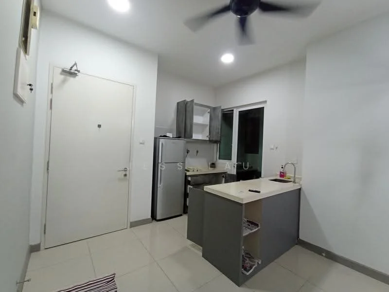 Kitchen features: grey cabinetry, white countertop, stainless-steel fridge, built-in stove, single-bowl stainless-steel sink, chrome pull-down faucet, wall-mounted ceiling fan, tile flooring, white painted walls, window with natural light; style: modern.