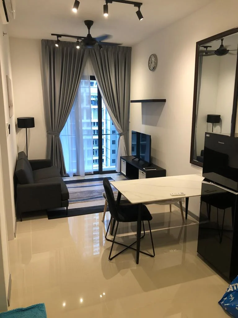 Living features: grey fabric sofa, black dining table, black dining chair, black TV console, wall-mounted TV, floor-to-ceiling windows, sheer curtains, black refrigerator, recessed downlights, ceiling fan, clock on wall, area rug with stripes, light-colored walls, glossy tile flooring; style: modern; view: city.