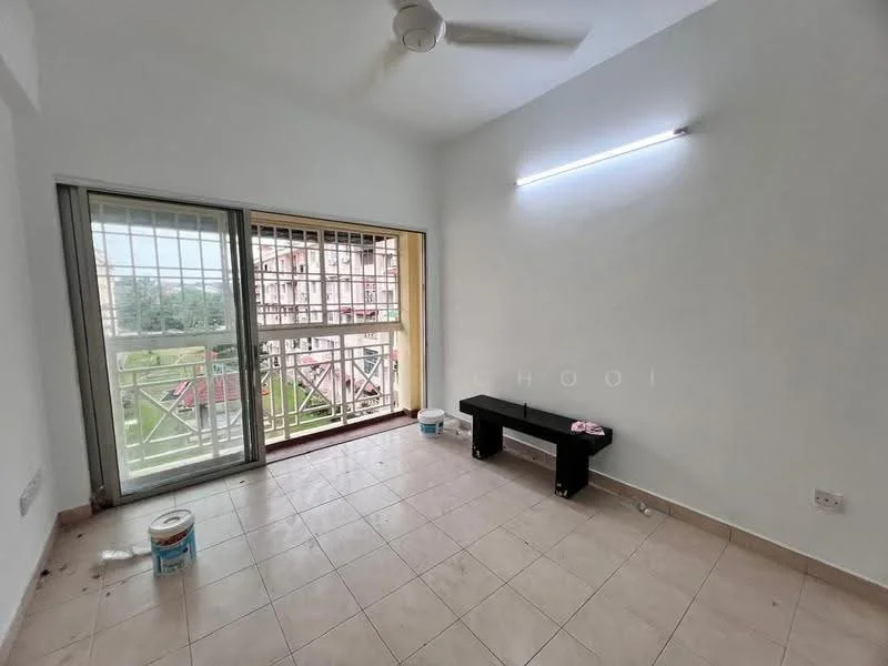 Room features: white painted walls, tile flooring, ceiling fan, sliding glass door, floor-to-ceiling windows, natural light from windows, light strip on ceiling, bench, paint cans on floor; style: minimalist; view: garden.