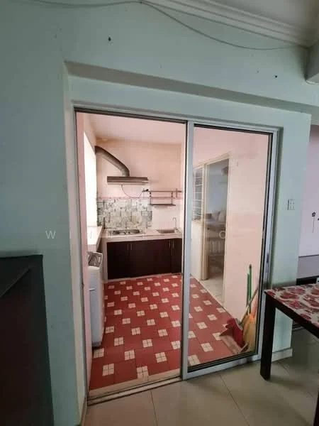 Kitchen features: sliding glass door, tile flooring in red and white pattern, dark wood cabinetry, stainless-steel sink, built-in countertop, wall-mounted range hood, kitchen backsplash with tile pattern, washing machine, open layout to adjacent room. Room features: light-colored walls, floor tiles, open space leading to kitchen.