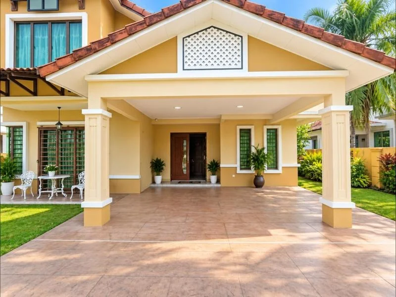 Exterior type: detached bungalow; features: double-storey facade, cream and yellow painted facade, pitched tile roof, front gable with decorative vent, covered car porch, double-volume car porch, tiled driveway, white trim and columns, front entrance porch, wooden main door, narrow vertical windows with green grilles, landscaped front lawn, palm trees, potted plants, outdoor seating area, fronts a quiet residential street; style: traditional.