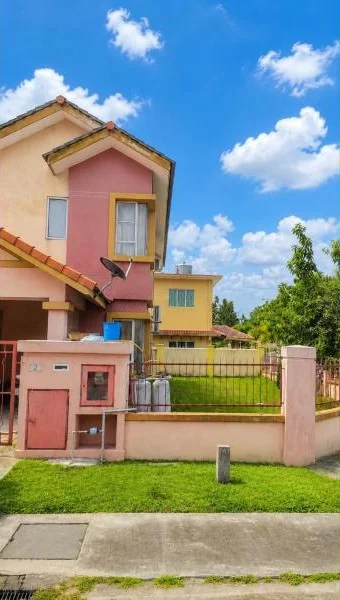 Exterior type: semi-detached house; features: double-storey, cream painted facade, pink painted facade, yellow painted facade, pitched tile roof, projecting roof eaves, fronts a quiet residential street, gated front yard, metal perimeter fence, small front lawn, stone-paved walkway, satellite dish visible, surrounded by mature greenery; style: contemporary.