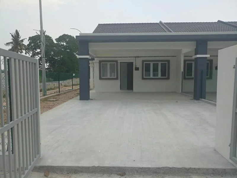 Exterior type: semi-detached house; features: double-storey, white painted facade, dark grey trim accents, pitched tile roof, covered car porch, double-volume car porch, concrete driveway, gated entry, metal swing gate, fronts a quiet residential street, surrounded by mature greenery; style: modern.