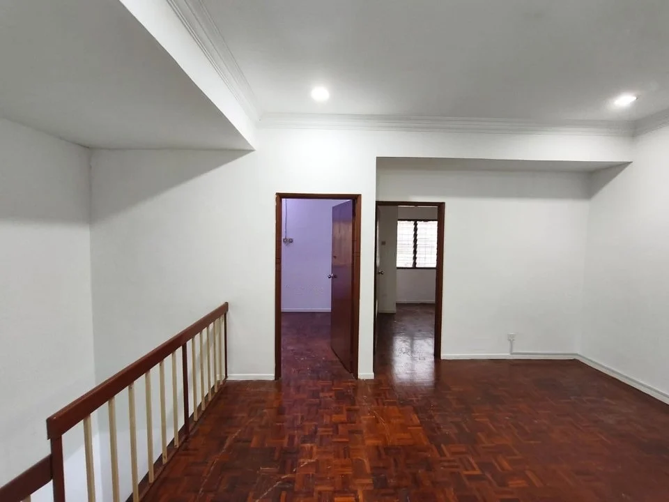 Room features: white painted walls, parquet wood flooring, tray ceiling, doorway leading to another room, window with natural light, light fixtures, wooden railing; style: minimalist.