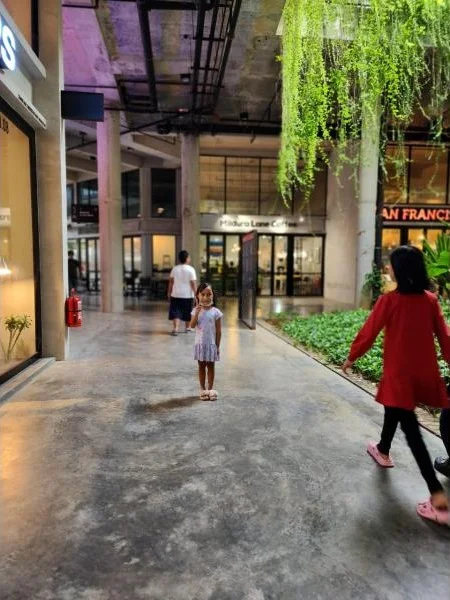 Exterior features: concrete flooring, exposed concrete columns, greenery with hanging plants, landscaped area with plants, large glass windows, open walkway, modern architectural design; style: modern.