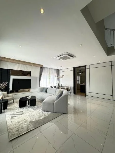 Living features: L-shape sectional in light grey, black round coffee table, large area rug in light grey, wall-mounted TV, built-in TV feature wall, white painted walls, black trim wall paneling, large glossy white marble-look tile flooring, recessed downlights, cassette air conditioner, floor-to-ceiling windows, sheer curtains, dark blackout curtains, open-plan layout, double-height ceiling, staircase opening visible, dining area visible in background; style: modern.
