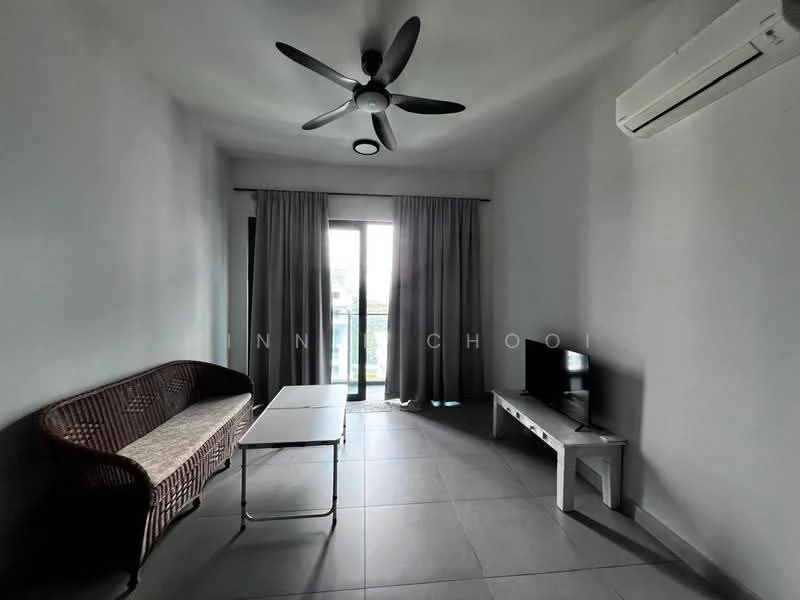 Living features: 5-blade ceiling fan with light, floor-to-ceiling sliding glass door, grey curtains, light grey painted walls, tile flooring, sofa in brown wicker, white coffee table, white TV console, wall-mounted TV, air conditioning unit; style: modern; view: garden.