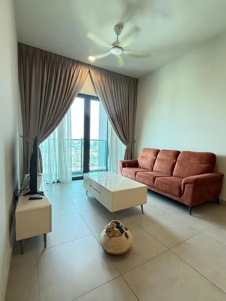 Living features: 3-seater fabric sofa in rust color, white coffee table, TV console, floor-to-ceiling windows, sheer curtains, blackout curtains, ceiling fan, tile flooring, decorative basket, wall-mounted TV; style: modern; view: city.
