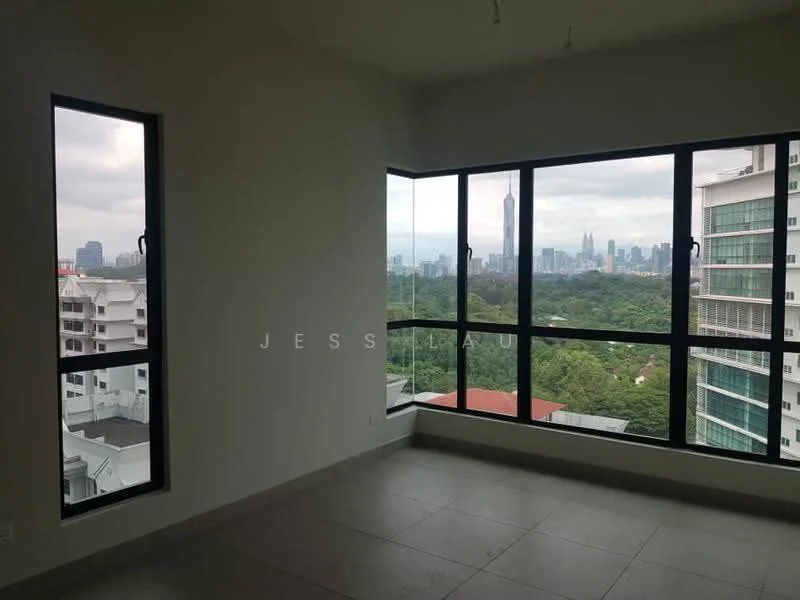 Room features: floor-to-ceiling windows, grey tiled flooring, plain white walls, city skyline view, natural light from windows, minimalist design, no visible furniture, corner room layout; style: modern; view: city.