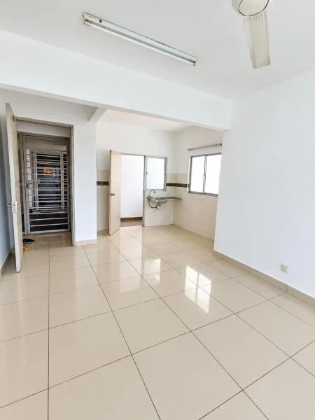 Room features: white painted walls, cream ceramic tile flooring, plain white ceiling, fluorescent tube light, ceiling fan, open doorway to adjacent room, sliding window with metal grille, small wall-mounted sink, wall-mounted faucet, beige tiled half-wall cladding, brown decorative wall tile band, built-in utility sink area, metal security grille door, large open floor area; style: contemporary.