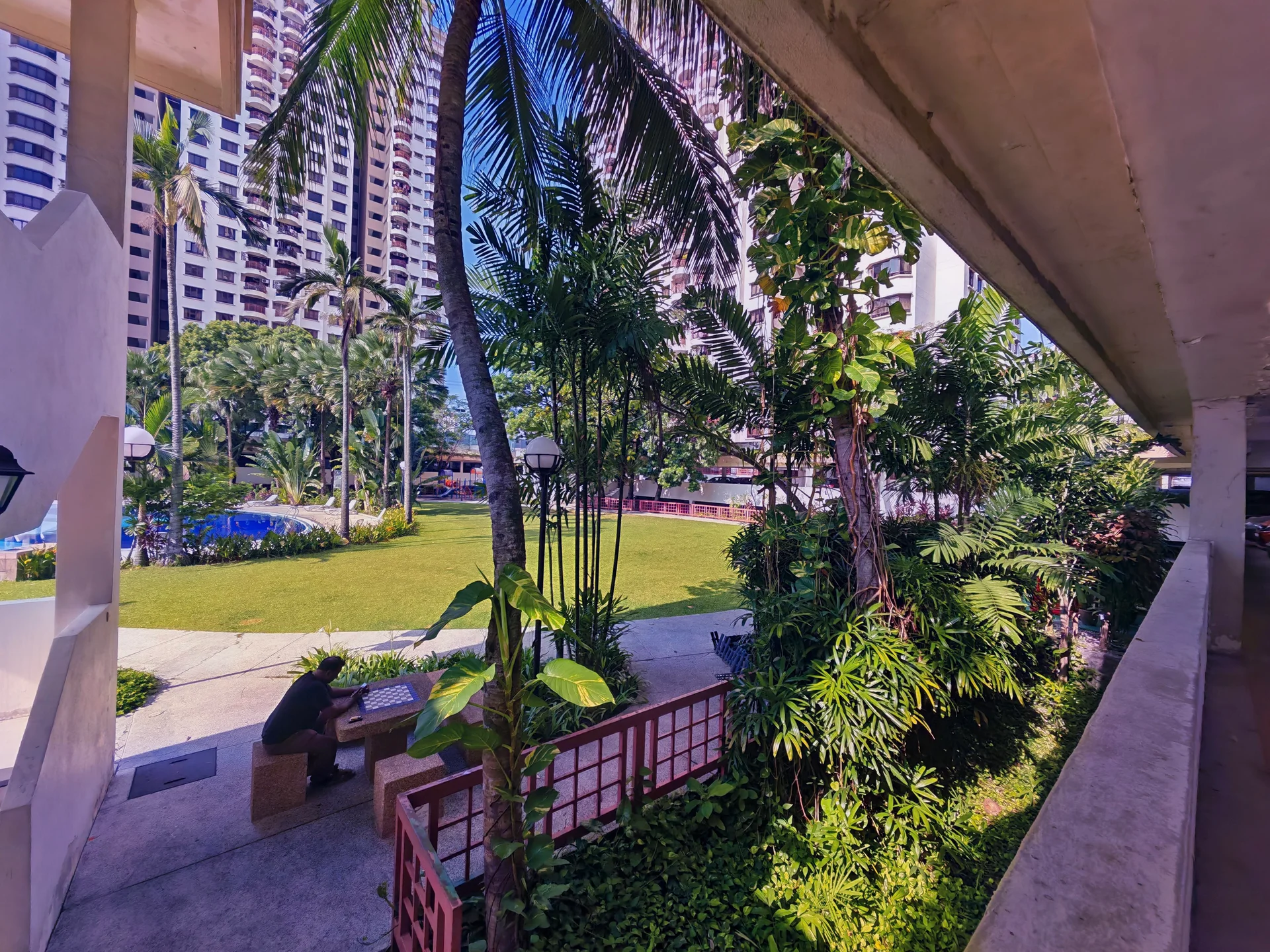 Exterior type: high-rise condominium; features: manicured lawn, tropical landscaping, palm trees, stone-paved walkway, swimming pool visible in background, outdoor seating area, lush greenery, multiple high-rise buildings in background; style: modern.