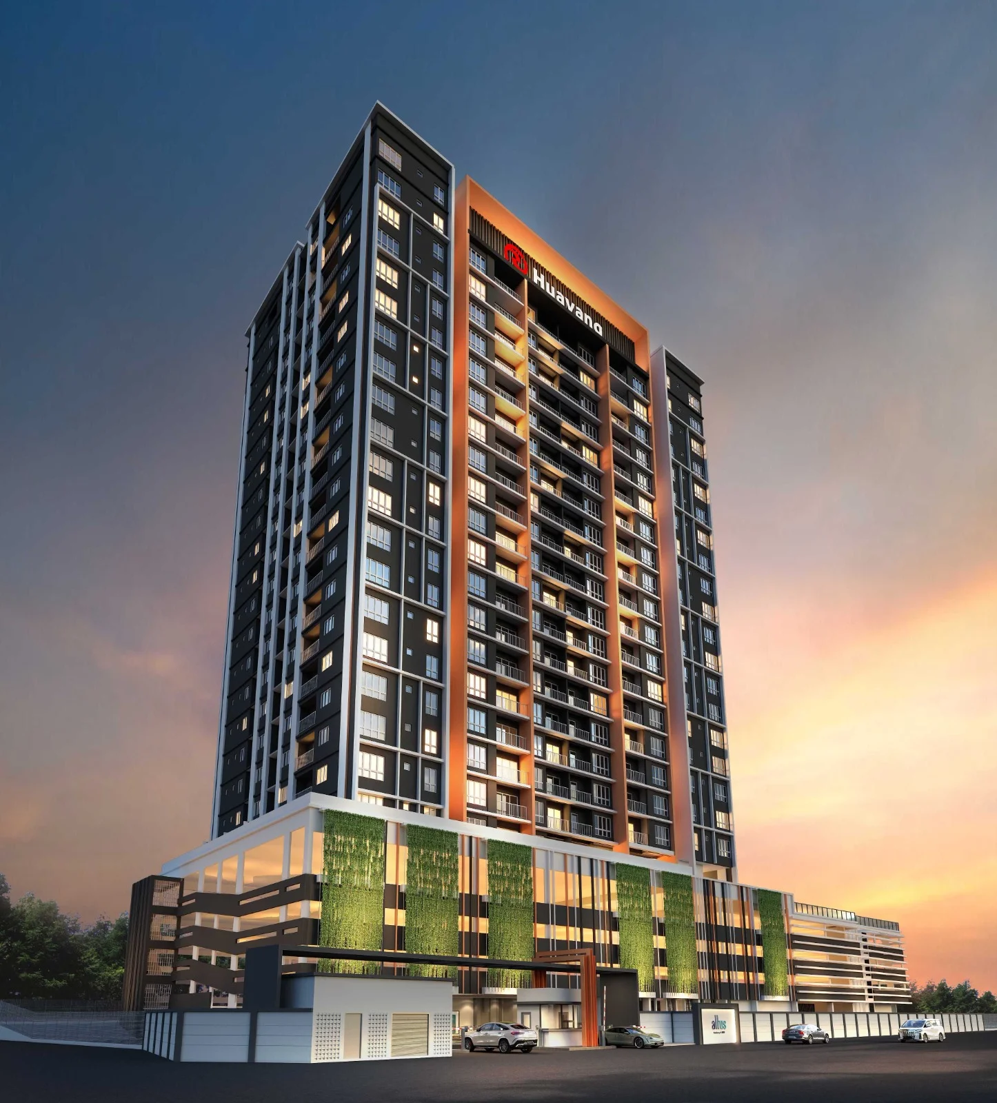 Exterior type: high-rise condominium; features: glass curtain wall, black painted facade, orange accent panels, recessed balconies, multi-storey car park, landscaped green wall, modern architectural design, approximately 20-storey high-rise; style: modern.