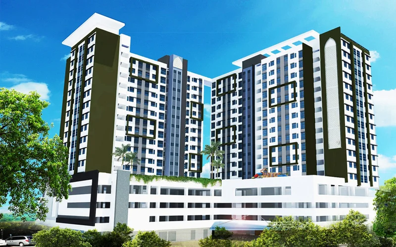 Exterior type: high-rise condominium; features: glass curtain wall, white painted facade, green accent panels, recessed balconies, flat roof, approximately 10-storey high-rise, manicured landscaping, palm trees, multi-storey car park, outdoor amenities area with pool, modern architectural design; style: modern.