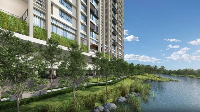 Exterior type: high-rise condominium; features: glass curtain wall, greenery on balconies, manicured lawn, landscaped garden, waterfront view, surrounded by trees, stone-paved walkway, outdoor seating area; style: modern.