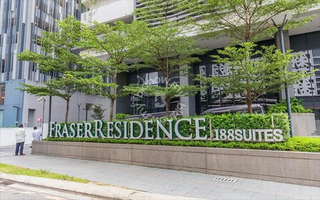 Exterior type: high-rise condominium; features: modern facade, glass curtain wall, landscaped garden, signage with 'Fraser Residence 188 Suites', manicured shrubs, paved walkway, surrounding greenery; style: modern.