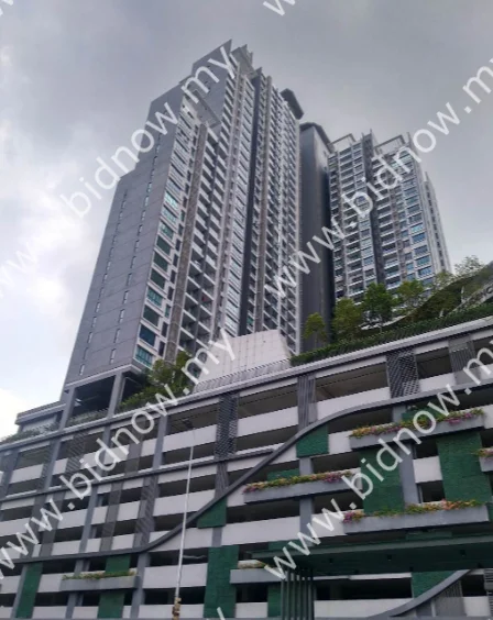Exterior type: high-rise condominium; features: glass curtain wall, grey painted facade, recessed balconies, vertical fins, multi-storey car park, landscaped terrace, surrounded by greenery; style: modern.