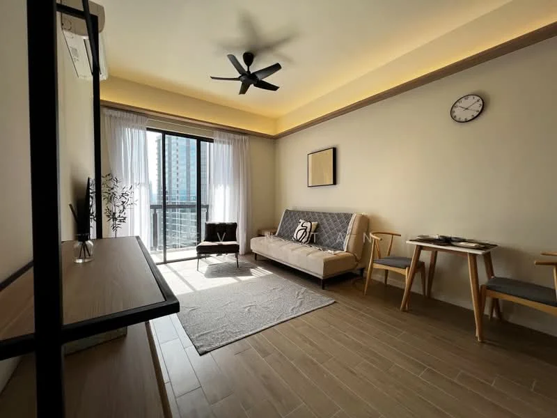 Living features: wooden flooring, cream painted walls, 5-blade ceiling fan with light, floor-to-ceiling windows, sheer curtains, sofa bed in grey, wooden coffee table, TV console, wall-mounted clock, area rug with geometric pattern, 2 dining chairs, decorative plant in pot; style: modern; view: city.
