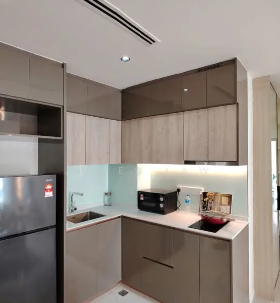 Kitchen features: grey cabinetry with wood accents, white countertop, single-bowl stainless-steel sink, chrome pull-down faucet, built-in microwave, black countertop oven, stainless-steel fridge, glass backsplash, recessed downlights, sliding door to outside, tile flooring; style: modern.