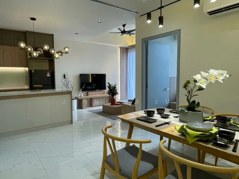 Dining features: dining table with 6 chairs, table setting with plates and bowls, decorative vase with flowers, grey upholstered chairs, wooden dining table, green table runner, pendant lighting above table; style: modern. Kitchen features: kitchen island with seating, stainless-steel sink, built-in oven, stainless-steel refrigerator, wood cabinetry, white countertop, recessed lighting, open shelving; style: modern. Living features: wall-mounted TV, TV console, sofa, coffee table, ceiling fan, large windows with natural light; style: modern.