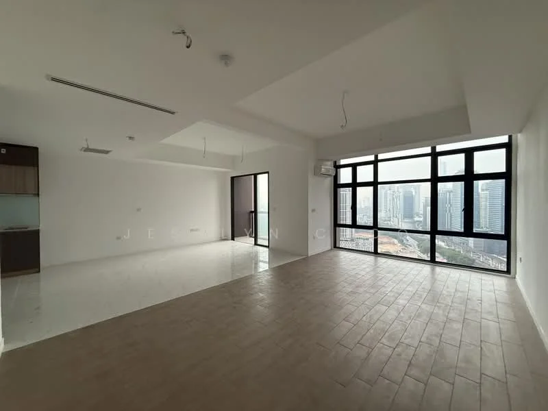 Living features: large floor-to-ceiling windows, city skyline view, white painted walls, light-colored tiled flooring, exposed ceiling with lighting fixtures, air conditioning unit, open layout, neutral color palette; style: modern; view: city.