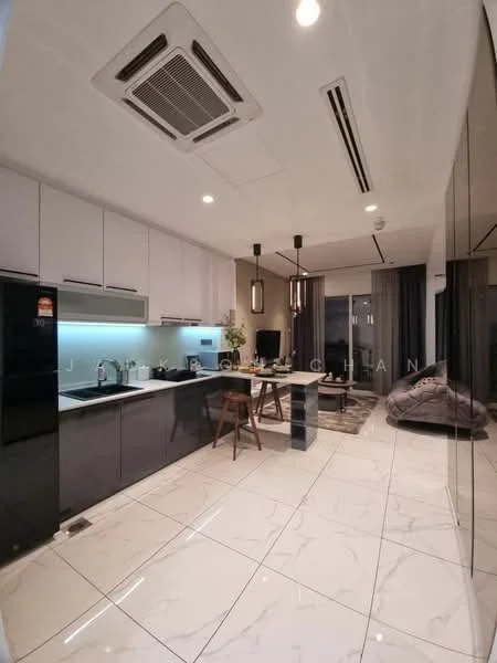 Kitchen features: white cabinetry, black cabinetry, marble tile flooring, recessed downlights, stainless-steel sink, chrome pull-down faucet, built-in oven, freestanding range oven, microwave, kitchen island with seating, decorative plant, open shelving, wall-mounted split AC, pendant lighting; style: modern.