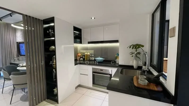 Kitchen features: white cabinetry, black granite countertop, stainless-steel sink, chrome pull-down faucet, built-in oven, stainless-steel microwave, ceramic tile flooring, recessed downlights, open shelving, decorative plants, kitchen island, glass backsplash, wall-mounted cabinets, integrated refrigerator; style: modern.