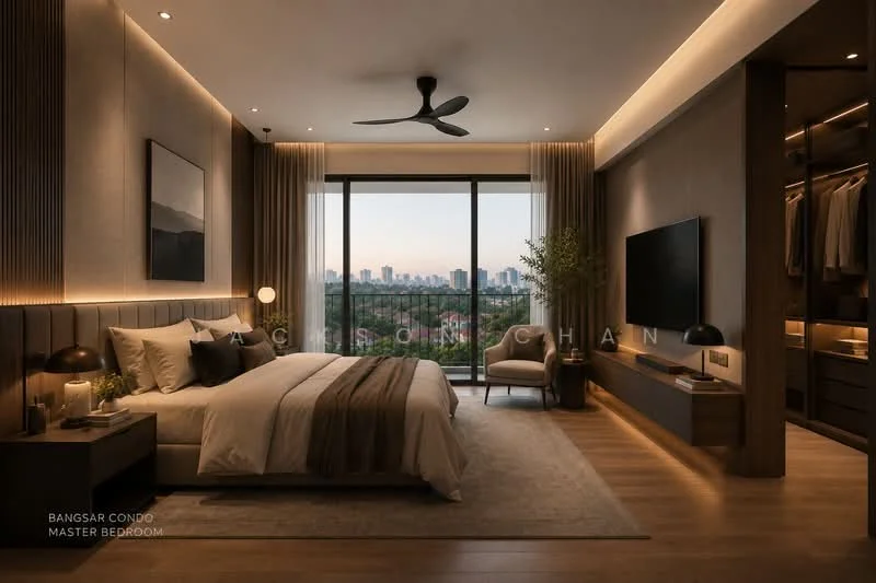 Bedroom features: king-size bed with white bedding, upholstered headboard, 2 bedside lamps, floor-to-ceiling windows, city skyline view, wooden flooring, ceiling fan, wall-mounted TV, built-in wardrobe with sliding doors, decorative plant in ceramic pot, area rug with neutral tones, accent wall with textured finish, curtains for window treatment; style: modern; view: city.