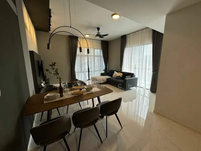 Living features: grey fabric sofa, black coffee table, 4-seater dining table, grey upholstered dining chairs, floor-to-ceiling windows, sheer curtains, black ceiling fan, recessed downlights, marble tile flooring, green accent wall, wall-mounted TV, decorative vase on dining table; style: modern; view: city.