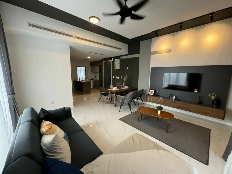 Living features: grey fabric sofa, coffee table, wall-mounted TV, TV console with wood finish, marble tile flooring, recessed downlights, ceiling fan, decorative wall with dark accent, large windows with sheer curtains, decorative plant, area rug; style: modern. Room features: open layout, kitchen area visible in background.