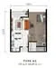 Floor plan: 1-bedroom 1-bathroom unit; features: open-plan kitchen-dining-living, master bedroom with ensuite bathroom, utility room, balcony off living room, central foyer, 1 car porch, 1,000 sqft built-up.