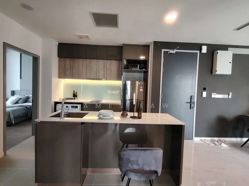 Kitchen features: grey cabinetry, white quartz countertop, stainless-steel fridge, built-in oven, 4-burner gas hob, single-bowl stainless-steel sink, chrome pull-down faucet, pendant lighting, tile backsplash, open shelving, bar stools, marble tile flooring, recessed downlights; style: modern. Room features: bed visible in background, grey painted walls, carpet flooring.