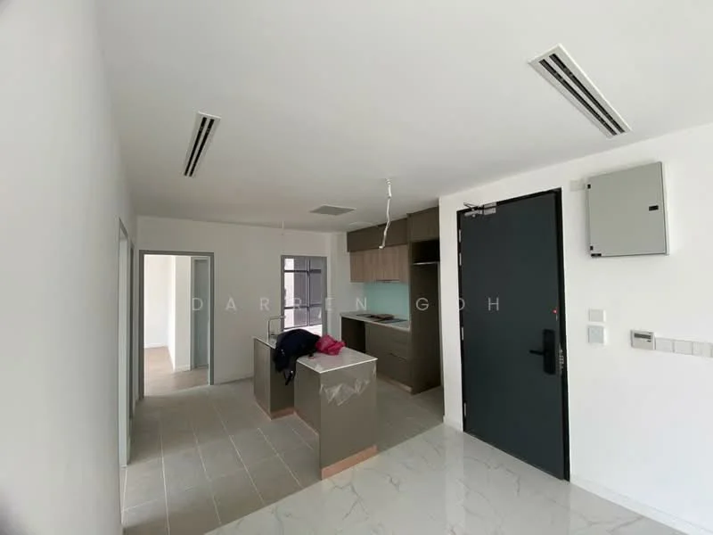 Kitchen features: grey cabinetry, kitchen island, white countertop, stainless-steel sink, built-in oven, freestanding range oven, recessed downlights, tile flooring, open layout, air conditioning vent; style: modern. Room features: white painted walls, tile flooring, doorway to adjacent room, air conditioning vent.