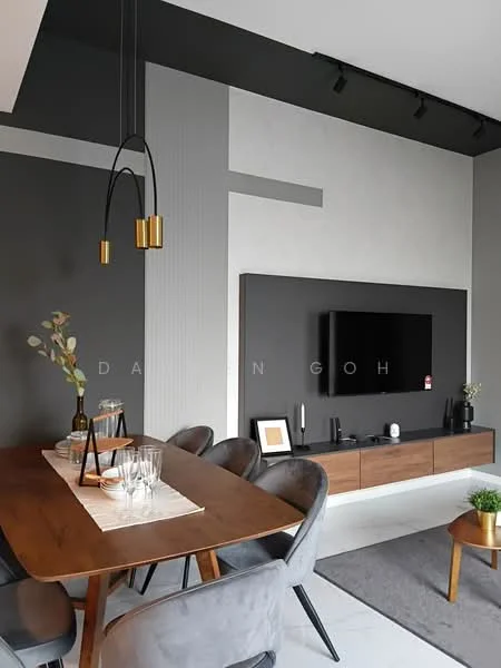 Dining features: wooden dining table, 6 upholstered dining chairs in grey, decorative table runner, wall-mounted TV, wooden TV console, grey accent wall, light fixture with gold accents, area rug with neutral color, decorative vase with branches, framed artwork on wall, recessed lighting, track lighting; style: modern.
