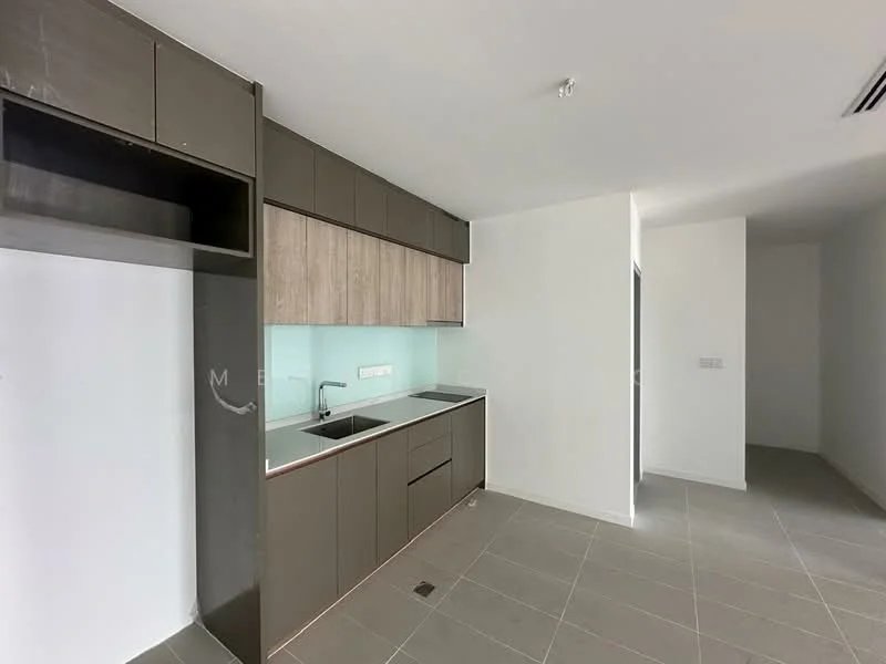 Kitchen features: grey cabinetry, wood veneer upper cabinets, white backsplash, single-bowl stainless-steel sink, chrome pull-down faucet, countertop with integrated sink, tile flooring, open layout, wall-mounted cabinet, space for appliances; style: modern.