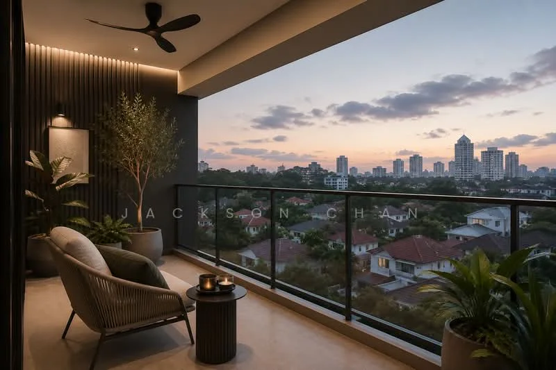Balcony features: floor-to-ceiling glass railing, outdoor seating with curved rattan chair, decorative potted plants, concrete flooring, ceiling fan, ambient wall lighting, city skyline view, sunset lighting; style: modern; view: city.