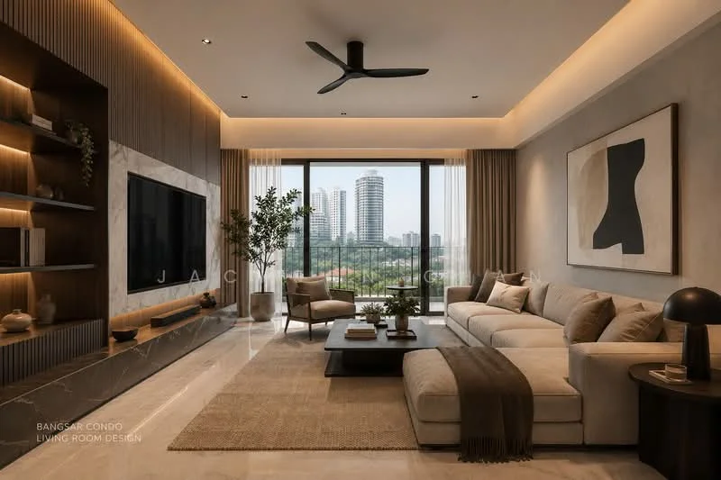 Living features: 3-seater fabric sofa in beige, coffee table, TV console, wall-mounted TV, area rug with geometric pattern, decorative mirror, floor-to-ceiling windows, ceiling fan with light, wood paneling on walls, potted plant, decorative artwork, neutral color palette, natural light, city view; style: modern; view: city.