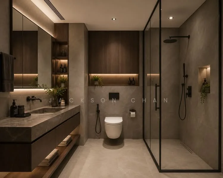 Bathroom features: single-sink vanity with wood cabinet, chrome basin mixer faucet, framed mirror, walk-in shower with glass enclosure, rain shower head, handheld shower, one-piece toilet, tile cladding, recessed downlights, wall-mounted storage shelves, decorative plants, neutral stone flooring; style: modern.