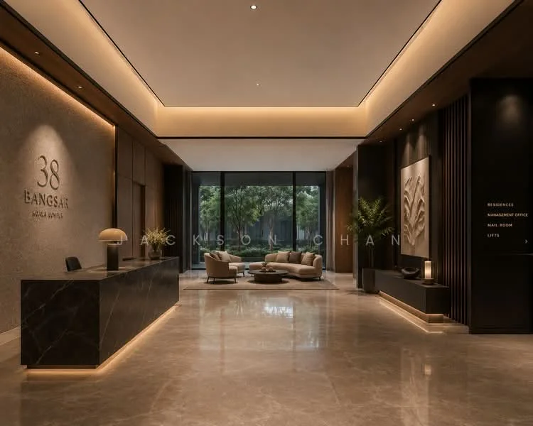 Lobby features: marble flooring, reception desk with dark marble surface, sofa seating area with beige upholstery, decorative wall art, large windows with garden view, indirect ceiling lighting, potted plants, wood paneling on walls; style: modern; view: garden.