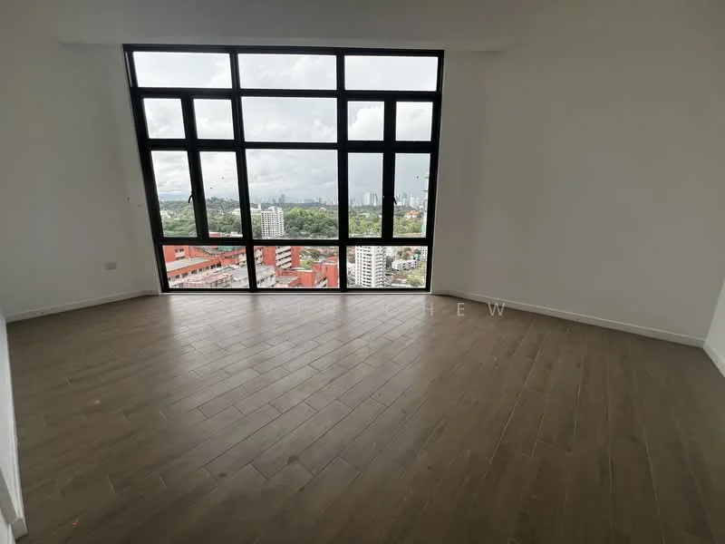 Room features: large floor-to-ceiling windows, wooden flooring, white painted walls, city view, natural light, open layout, high ceiling; style: modern; view: city.
