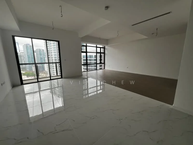 Room features: large floor-to-ceiling windows, white painted walls, marble tile flooring, open layout, city skyline view, high ceiling, recessed ceiling lights, no visible furniture; style: modern; view: city.