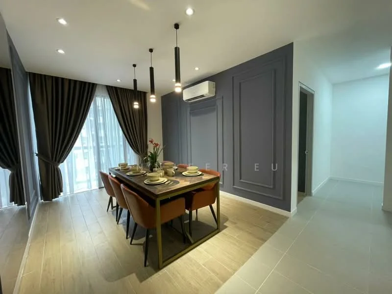 Dining features: 6-seater dining table, upholstered dining chairs in orange, grey accent wall, white painted walls, floor-to-ceiling windows, sheer curtains, recessed downlights, air conditioning unit, wooden flooring, decorative vase with flowers; style: modern. Room features: light grey tiled flooring, white walls, doorway leading to another room.