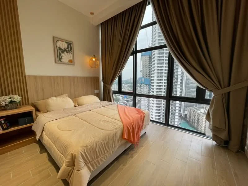 Bedroom features: king-size bed with beige bedding, wooden headboard, floor-to-ceiling windows, city view, curtains in brown, wooden bedside table, decorative wall art, laminate flooring, recessed lighting; style: modern; view: city.