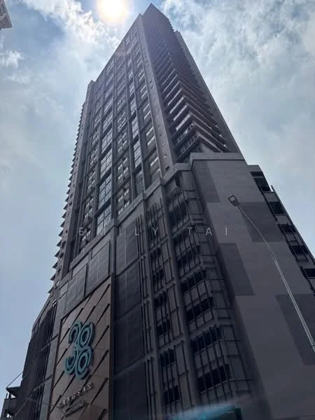 Exterior type: high-rise condominium; features: glass curtain wall, exposed concrete facade, recessed balconies, feature lighting at night, approximately 30-storey high-rise, modern architectural design; style: modern.